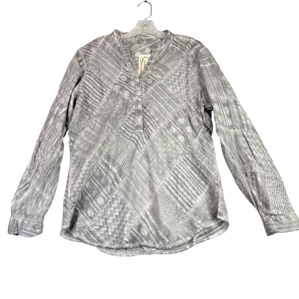 Vintage Goa Women L‎ Grey Patchwork Blouse Long Roll Tab Sleeve Boho Artsy Top